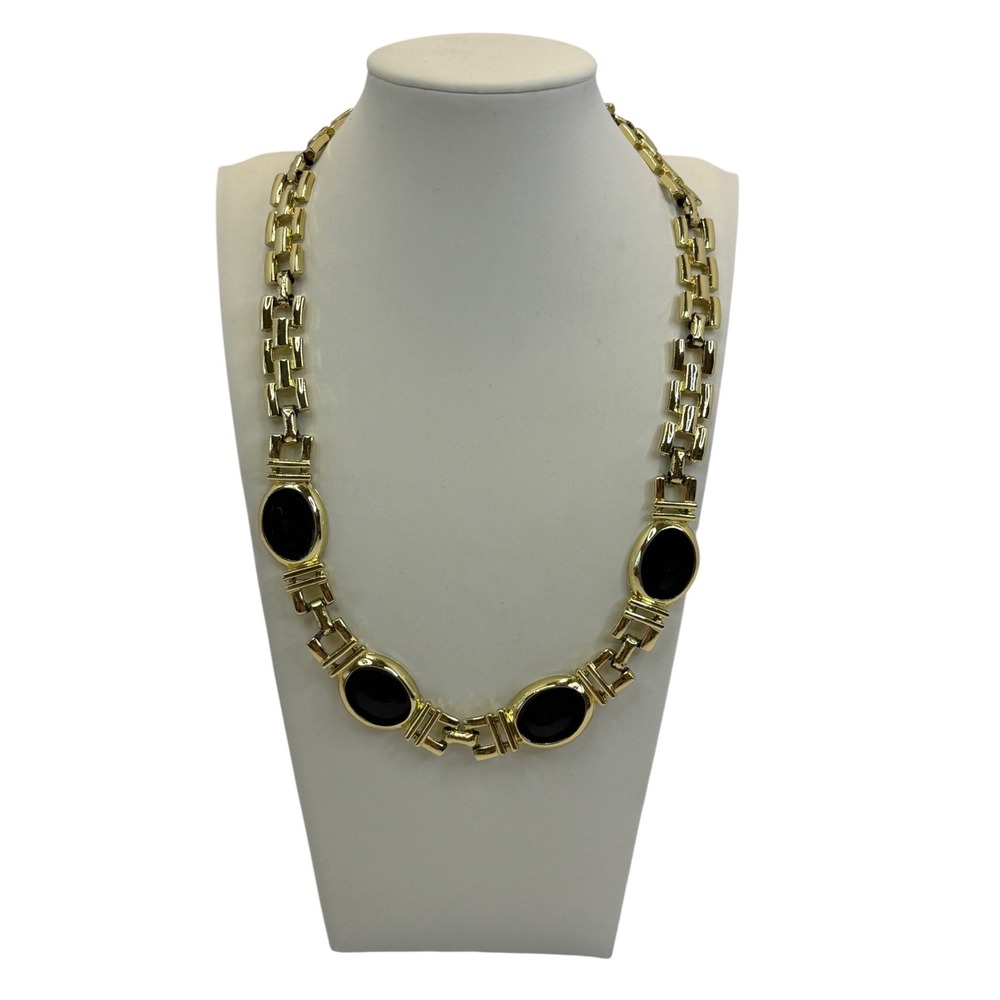 Gold Tone Black Oval Cabochon Link Collar Necklace Statement‎ Y2K Chunky Party